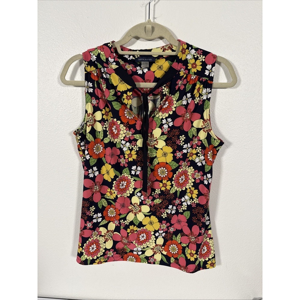 Tommy Hilfiger Size Med Floral Sleeveless‎ Navy Top Ribbon Tie V1